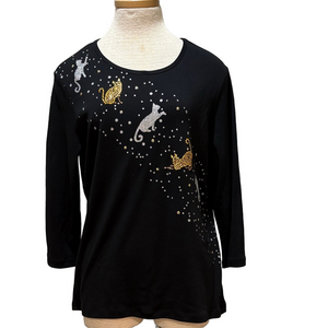 Serengeti sz XL black cotton 3/4 sleeve top with rhinestone and glitter cats